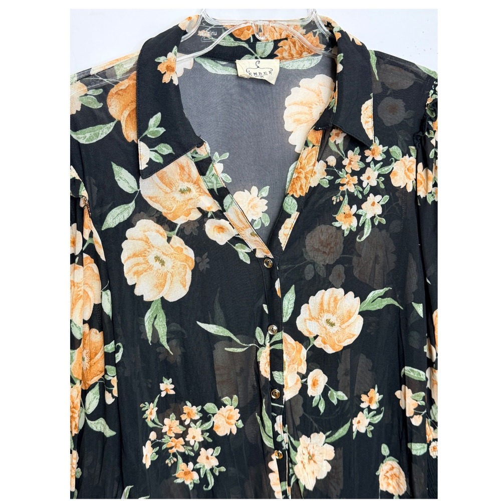 Ember Floral Mesh Blouse XL Black Orange Smocked Cuff Boho Whimsigoth Office Y2K - Picture 4 of 11